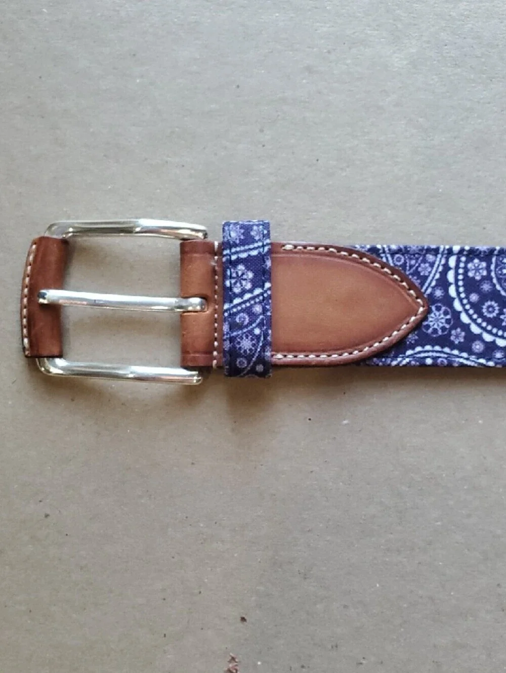 Bullock & Jones Purple  Paisley Fabric Belt with Brown Leather Accents 42
